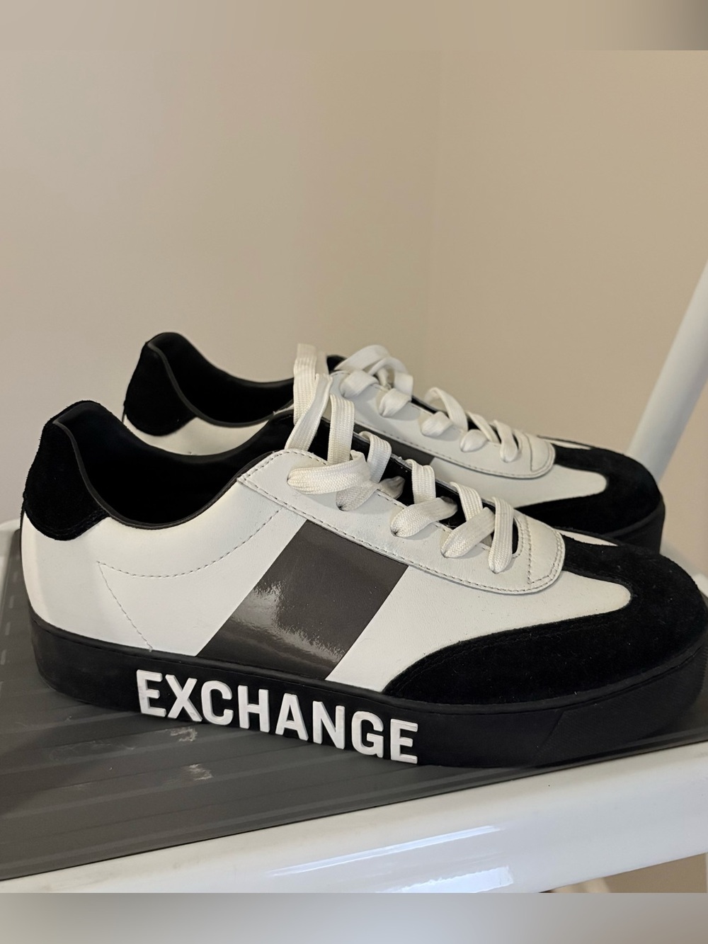 Armani Exchange Black & White Womens Leather Sneakers